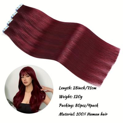 TEMU Wine Red 99j Hair Extensions, 16-28 Inch, Seamless Skin Weft, Straight Human Hair, , Non-frizz, Non-knotted, Easy Blend Image