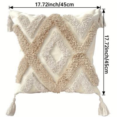 TEMU 1count Hand- Bohemian Tufted Throw Pillow Cover Geometric Pattern And Tassels, Zipper Closure, Textured Decorative Cushion Case For Couch Sofa, Bedroom, Multiple Room Use (no Insert) Image