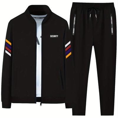 TEMU Men's Trendy Jacket And Sweatpants Set - Casual Youth Activewear, Zip-up With Security Print & Drawstring Joggers, Beige Image