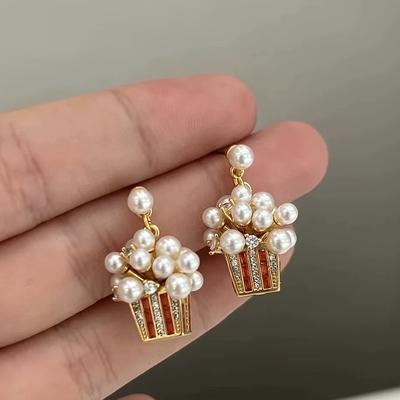 TEMU A Pair Of Trendy And Stylish European And American Jewelry Featuring Sparkling Diamonds And - Popcorn Shape With Pearls, Creative And Unique Ear A78. Image
