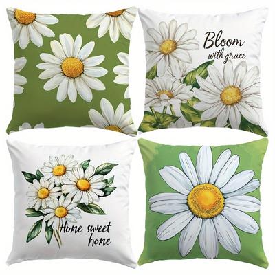TEMU 4pcs Spring Pillow Covers 18x18 Inch Daisy Polyester Throw Pillow Covers Home Sweet Summer Farmhouse Decorations Green Covers For Sofa Couch Bed (pillow Insert Not ) Image