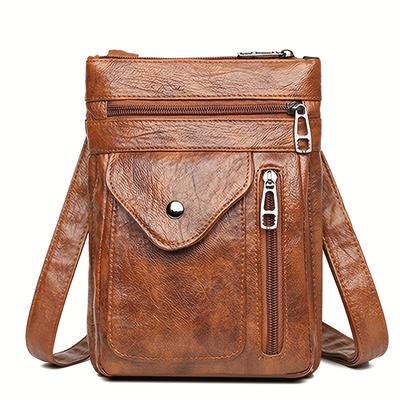 TEMU Stylish Unisex Mini Crossbody Bag - Versatile Shoulder Bag With Adjustable Strap, Multiple Compartments & Zipper Closure, Brown, Everyday Use, Small Crossbody Bag Image