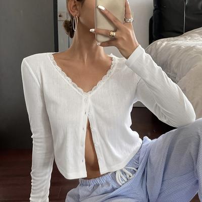 TEMU Women's Slim-fit V-neck Button-up Shirt With Lace Trim - Long Sleeve, Solid Color, Chic Style For Spring/summer, Casual Chicwear | Top | Polyester Image