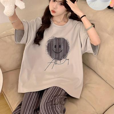 TEMU Women's 2025 New Personalized Printed Top With Striped Long Pants, Short-sleeved, With Removable Padding, Suitable For Outdoor Wear, Two-piece Set For Spring And Summer. Image