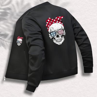 TEMU Women's Trendy Skull Print Varsity Jacket - Black Casual With Design, Baseball Collar, Comfortable & Breathable Fabric, , Machine Washable Image