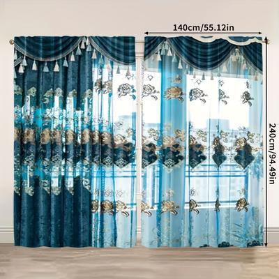 TEMU 2pcs Contemporary Deluxe Jacquard Curtains, Hollow Blue, 100% Polyester, Knit Weave, Light-filtering, Roller Embossed, With Rod Pocket, For Bedroom, Living Room, Home Decoration And Image