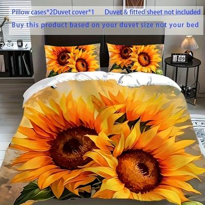 TEMU 3pcs Set Of Sunflower Pattern Printed Bedding, 1*duvet Cover + 2*pillowcases Without Pillow Core, Cool And Comfortable, Suitable For Bedroom Home Supplies, Hotel Theme Suites, Lounges Image