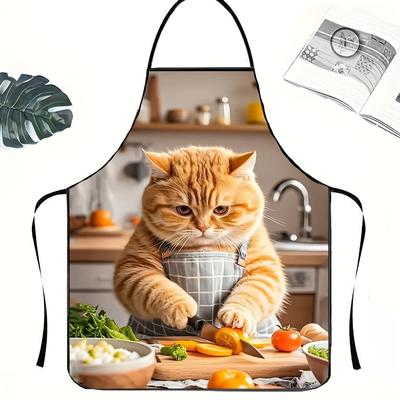 TEMU 1pc Funny Cooking Cat Cartoon Apron - Polyester Fabric, Adorable Ginger With Kitchen Utensils, Adult Size, Hand Wash Only, Cooking Attire | Vibrant Print Apron | Glossy Fabric Image