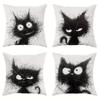 TEMU 4 Velvet Pillow Cases With Cat Animal Black And White Funny Cute Decorative Pillowcases 18 Inches * 18 Inches Suitable For Living Room, Bedroom, Sofa Bed Decoration No Pillow Core Image