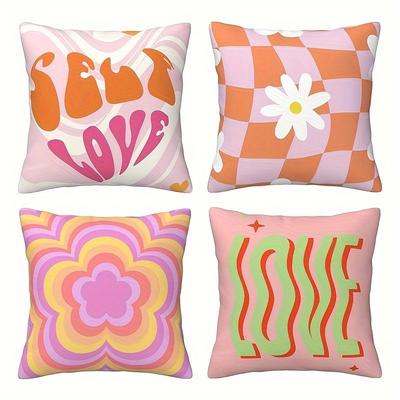 TEMU 4pcs Colorful Pink Geometric Pattern Throw Pillow Covers - Soft Polyester Material, Zipper Closure, Machine Washable - Modern Living Room And Bedroom Decor (covers Only Image