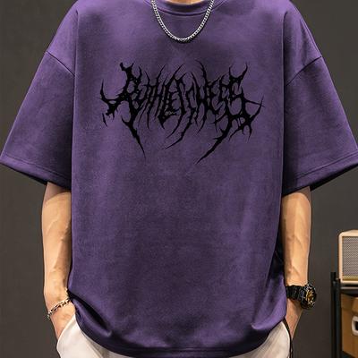 "TEMU Men's Summer Casual "band" Graphic Tee - Purple, Short Sleeve, Crew Neck, Asymmetrical Design, Lightweight & Stretchy, Casual Attire | Graphic Tee | Lightweight Shirt" Image