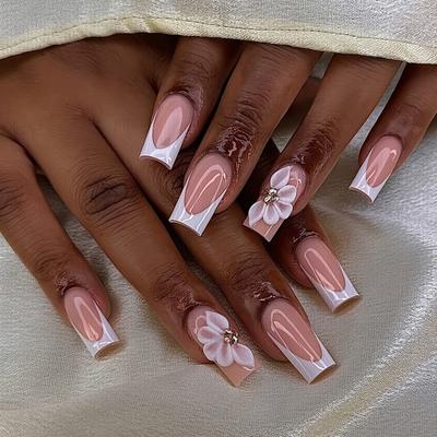 TEMU A Set Of 10 Handmade Square-shaped Press-on Nails In Nude French Style, Featuring 3d Floral Designs, Everyday Use By Women. Image