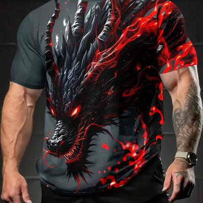 TEMU Men's Dragon 3d Print T-shirt - Short Sleeve, Round Neck, Lightweight & Comfortable, Black With Dragon Design, Summer Outdoor Activities Image