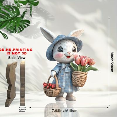 TEMU 2d Flat, Handmade Wooden 2d Easter Bunny Statue With Blue Checkered Dress & Tulip Basket - Vintage Style Home, Desk, Or Office Decor, Unique Gift For (8x7.08 Inch), 2d Flat Image