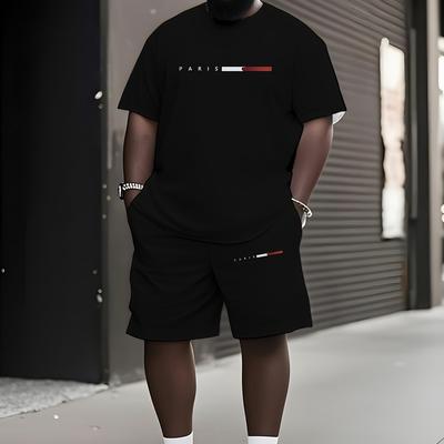 TEMU Men'-piece Casual Set, Including Round-neck Short-sleeved T-shirt And Drawstring Shorts, Suitable For Spring And Summer Sports Wear, Plus Size Image