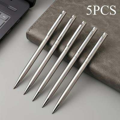 TEMU 5 Elegant Silvery Stainless Steel Ballpoint Pens - Durable, Medium Tip, Smooth Writing, Adults Over 14 | Ideal For Office And Gift Packaging Image