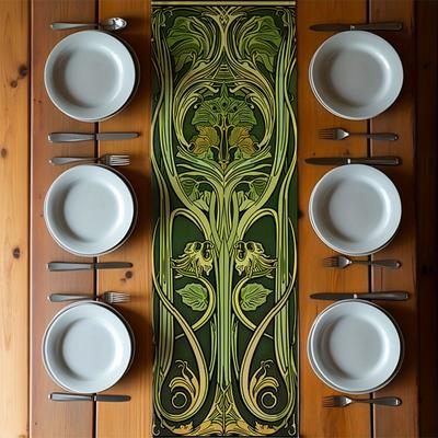 TEMU 1pc Table Runner - Green & Golden Floral Pattern 100% Polyester Decorative Cloth For Dining Room, Kitchen, Office, Porch - Elegant Home Decor Image