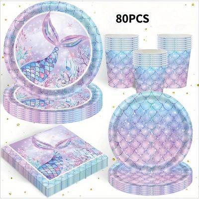 TEMU 80pcs Mermaid Themed Party Pack Supplies, Under The Sea Mermaid Birthday Party Decorations Ocean Party Tableware Plates Cups Napkins For 20 Guests Image