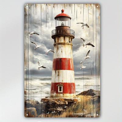 TEMU 1pc & Lighthouse Metal Tin Sign - Vintage Coastal Wall Art With Rustic Charm, Easy To Hang, Reusable Tin Trim, Nautical Decor, Nautical Wall Art | Vintage Coastal Theme | Feature, Nautical Decor Image