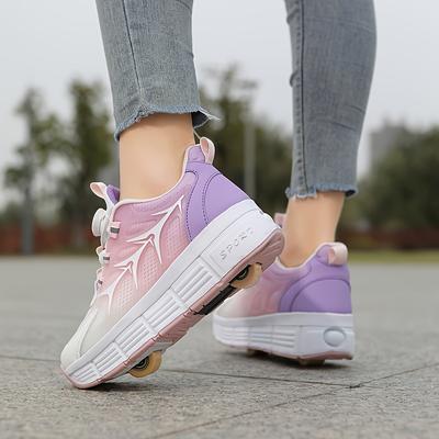 TEMU Fashion Roller Skate Sneakers - Breathable Easy Assembly & Removal Tpu Shoes With Striped Design, White & Pink Low-top Casual Sports , Versatile Footwear, Sporty Style, , Streetwear Style Image