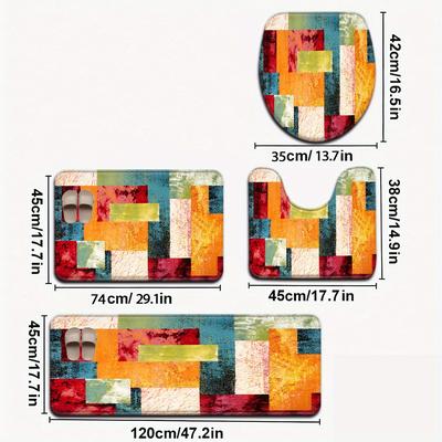 TEMU 3pcs/4pcs Retro Persian Ethnic Series Colorful Stitching Pattern Bathroom Mat Set Toilet Seat U-shaped Foot Mat Image