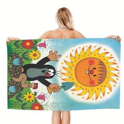 TEMU Krteček Cartoon Mole Story Quick-dry Microfiber Beach Towel - Vibrant Tropical With Mole Character, Lightweight & Absorbent For Swimming, Gym, Yoga - Perfect Travel Companion Image