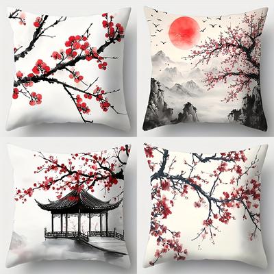 TEMU 4pcs Set, Sofa Pillow Cover, Plum Pillowcase, 17.7 Inches * 17.7 Inches, Single-sided Printing, Home Decoration, Sofa Lumbar Support Cover, Pillow Cover Without Pillow Core Image