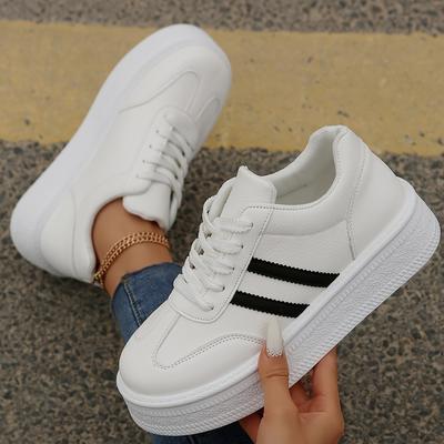 TEMU Women' White Sneakers With Detail - Thick Rubber Sole, Lace-up, Casual Sporty Design, Wear Image