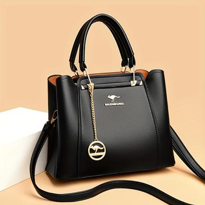 TEMU Elegant Black Handbag With Orange Interior & Golden- Metal Chain Charm - Adjustable Strap, Zip Closure, Stylish Design For Everyday Use, Everyday Handbag | Sophisticated Charm | Bag Image