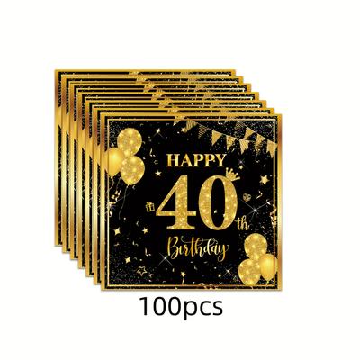 TEMU 100pcs 40th Birthday Party Paper Towels, Black And Golden Disposable Paper Towels, Suitable For Men And Women's Birthday, Anniversary, Wedding Decoration Supplies Image