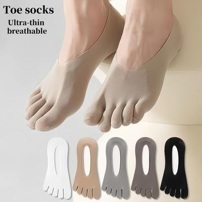 TEMU 3/5 Pairs Men'-thin Breathable Five-finger Flip Flop Socks - Non-slip Silicone, Invisible Boat Style, Lightweight Summer Toe Socks In White, Beige, Gray, Black, And More Image