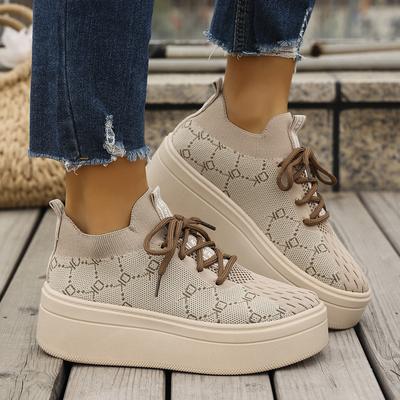 TEMU Women's Plus Size Retro Knit Sneakers - Beige & Brown Vintage Pattern, Thick Cushioned Sole For , Lightweight Low-, Casual Wear And Travel, Cute Shoes Image