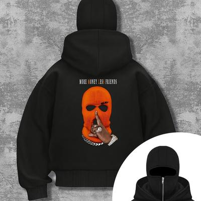 "TEMU Women' Streetwear Hoodie With " Less " Graphic Print, Full-zip Front, Orange Balaclava Design & Adjustable Hood - Machine Washable Casual Pullover, Essential Hoodie" Image