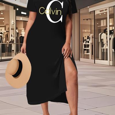 TEMU Letter Print Split Hem Dress - Stylish Short Sleeve Bodycon Midi Dress For Women, Black With Design, Machine Washable, Spring/summer/fall Image