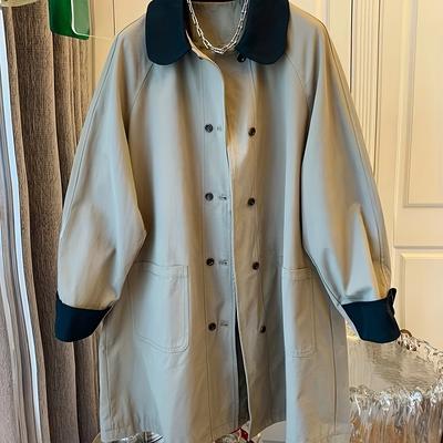 TEMU Vintage-inspired Khaki Trench Coat For Women - Chic Long Sleeve With Button Front, Collared Neckline, And Side Pockets, Spring/fall, Polyester, Casual Wear Jacket|sleek Khaki|polyester Jacket Image
