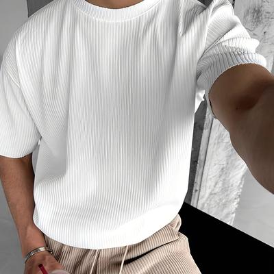 TEMU Men's Summer Crew Neck Texture Short Sleeve T-shirt - Casual, Breathable, And Comfortable, Light Brown, Casual Attire||stretchable Fabric Image
