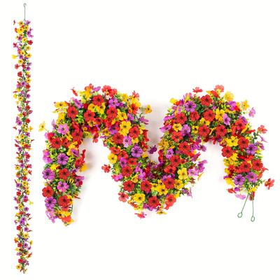TEMU 2pcs Uv Resistant Artificial Daisy Floral Vine, 180cm/70.86inch Vibrant Yellow Silk Hanging Flowers For Spring Garden Wedding Decor & Photo Booth Backdrop, Artificial Outdoor Flowers Image