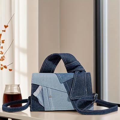 TEMU Stylish Women's Geometric Crossbody Bag - Blue Zipper Closure Unlined Hand Washable Fabric Shoulder Bag For Shopping, Dating & Commuting, Handbag, Commuting Accessory, Modern Minimalist Accessory Image