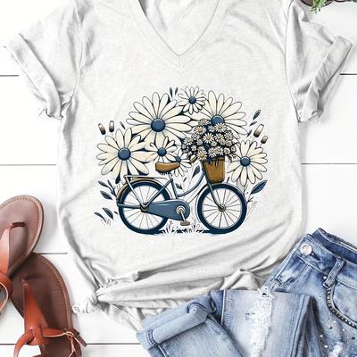 TEMU Women's Casual V-neck T-shirt With Bicycle And Floral Print - Soft Viscose Blend, Machine Washable, Fit Image