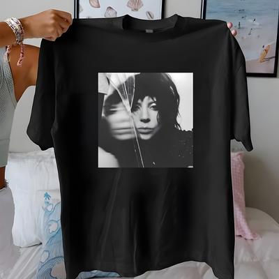 TEMU Women's Celebrity Album Cover Graphic T-shirt - Casual Round Neck Short Sleeve Top With Black & White Portrait Print, Machine Washable Versatile Tee Image