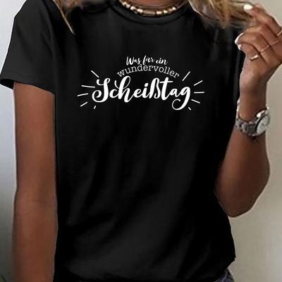 TEMU German Print T-shirt, Short Sleeve Crew Neck Casual Top For Summer & Spring, Women's Clothing Image