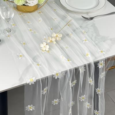 TEMU 1pc Daisy Embroidered Tablecloth - White Floral Embroidery With Golden-yellow , Sheer Polyester Rectangular Table Cover For Valentine’s Day, Weddings, Christmas, Kitchen Dining & Holiday Decor Image