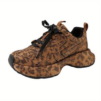 TEMU Women's 2025 New Arrival Thick Sole Lace-up Sneakers With Sparkling Embellishments - Casual Slip-on High- , Low Cut, Sports Style, Sneakers|sparkling Embellishments|rubber Sole Image