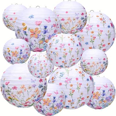TEMU 12pcs Wild Flower Paper Lantern Set, Floral Party Decorations, Round Paper Lanterns For Spring Baby Shower Bridal Bathing, Wedding, Party Supplies, Day Decoration, No Feathers Required Image