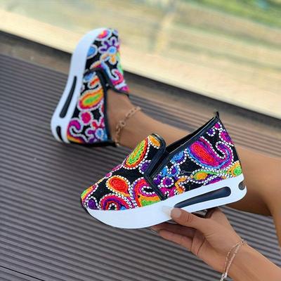 TEMU Women's Vibrant Floral Slip-on Sneakers - Comfortable Shoes With Rubber Sole, Fabric Upper, And Decorative Laces, Casual Footwear|vibrant Sneakers|rubber Sole Sneakers Image