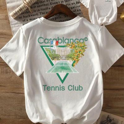 "TEMU Women's Casual Tennis Club Graphic T-shirt - White With Border, Tennis Court Design, "" Print, Short Sleeve, Round Neck, Fit, Tennis Apparel | Tennis Theme |" Image