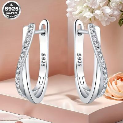 TEMU 1pair S925 Sterling Silver Stone-set Twisted-line Earrings Fashionable Women's Items With Strong Design Sense, Suitable For And As Gifts, Including Eid Gifts. Image