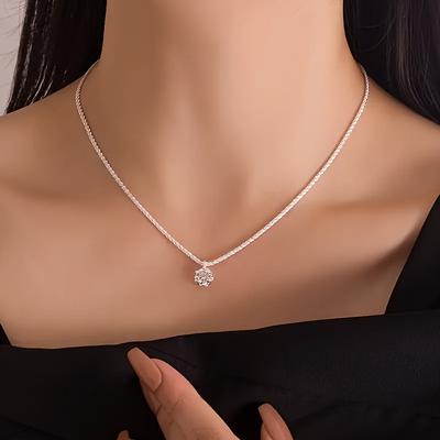 TEMU Elegant 1 Carat Moissanite Engagement Necklace - 925 Sterling Silvery, Sparkling Six-prong Setting, Weddings And Anniversaries, A Luxurious Gift For Her Image
