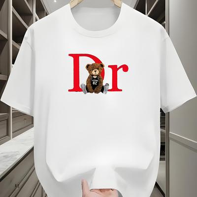 TEMU 2025 Summer Style T-shirt - White Round Neck Knitted Polyester Tee With Dr Letter & Bear Graphic Geometric Print, Machine Washable Regular Fit Summer Top, Shirt Image