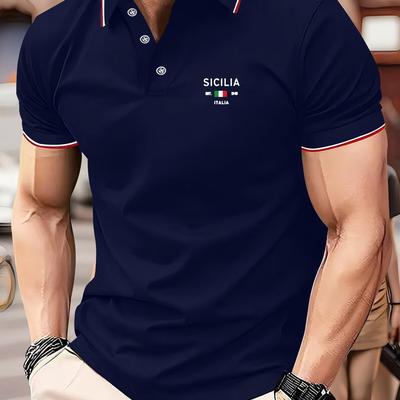 TEMU Men's Casual Short Sleeve Shirt With Sicily Italy Flag Print - Breathable Summer Top For Sports & Outdoor Activities, Machine Washable Regular Fit Image